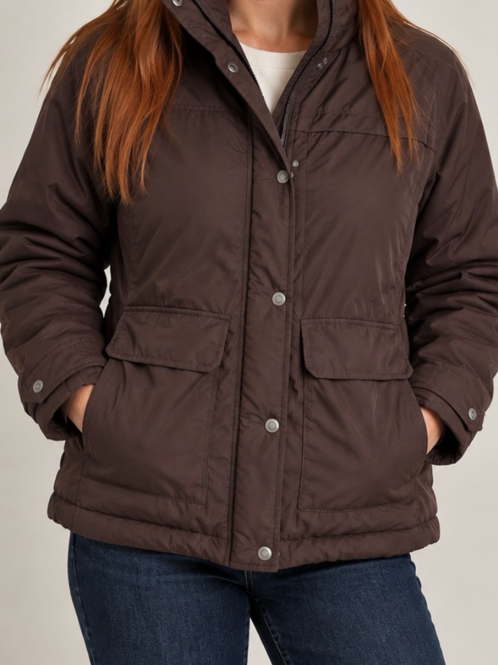 Columbia Women’s Large Brown Insulated Utility Jacket Coat Snap Front Pockets